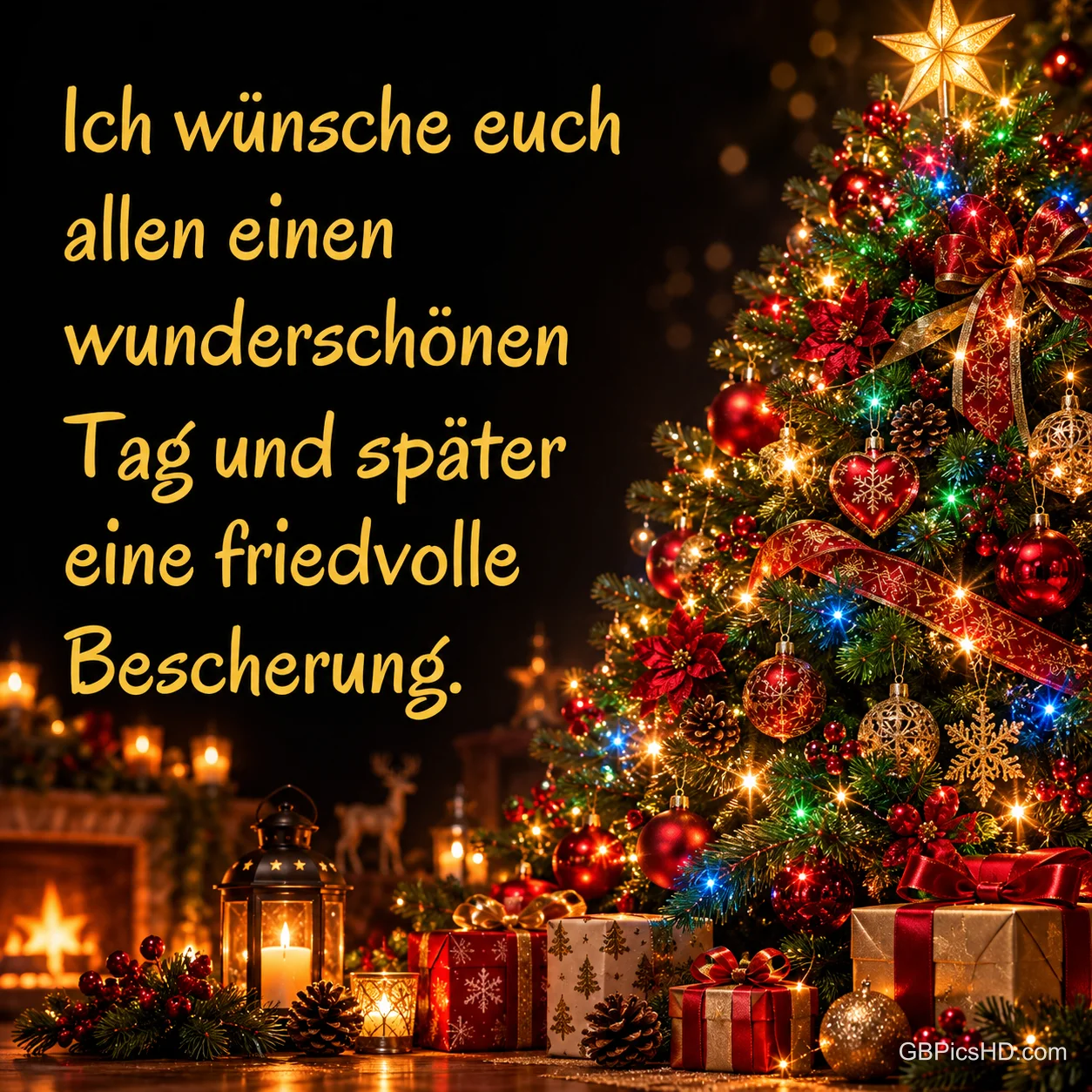 Leuchtender Weihnachtsbaum mit bunten Lichtern, Kugeln und Stern, darunter Geschenke und Laternen, links ein goldener Gruß zur Bescherung am Heiligabend Leuchtender Weihnachtsbaum mit bunten Lichtern, Kugeln und Stern, darunter Geschenke und Laternen, links ein goldener Gruß zur Bescherung am Heiligabend