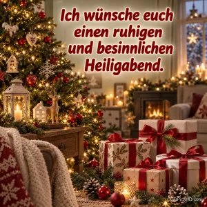 Gemütliches Wohnzimmer mit Weihnachtsbaum, Kamin, Kerzen und rot-weiß verpackten Geschenken, oben ein roter Schriftzug mit Wünschen zum Heiligabend