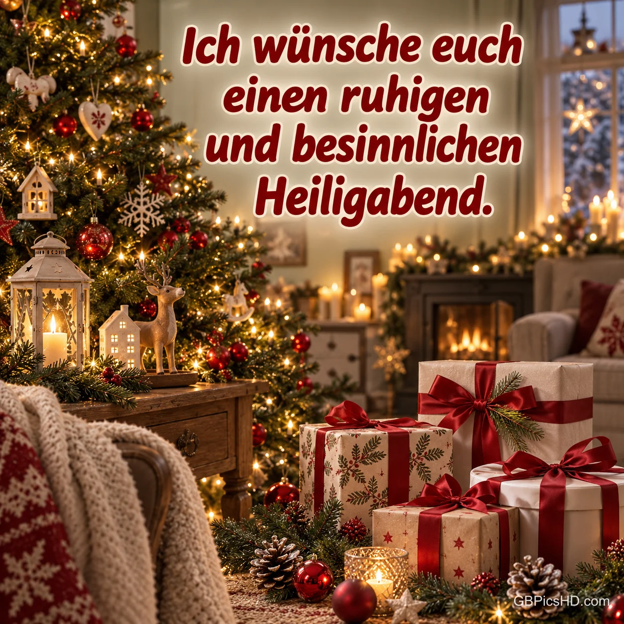 Gemütliches Wohnzimmer mit Weihnachtsbaum, Kamin, Kerzen und rot-weiß verpackten Geschenken, oben ein roter Schriftzug mit Wünschen zum Heiligabend Gemütliches Wohnzimmer mit Weihnachtsbaum, Kamin, Kerzen und rot-weiß verpackten Geschenken, oben ein roter Schriftzug mit Wünschen zum Heiligabend