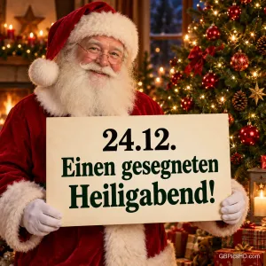 Lächelnder Weihnachtsmann mit Brille hält vor einem leuchtenden Christbaum ein Schild mit Datum und dem Wunsch für einen gesegneten Heiligabend