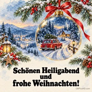 Aquarell einer verschneiten Winterlandschaft mit Dorf und Bergen, daneben eine Christbaumkugel, in der ein rotes Auto mit Tannenbaum auf dem Dach fährt