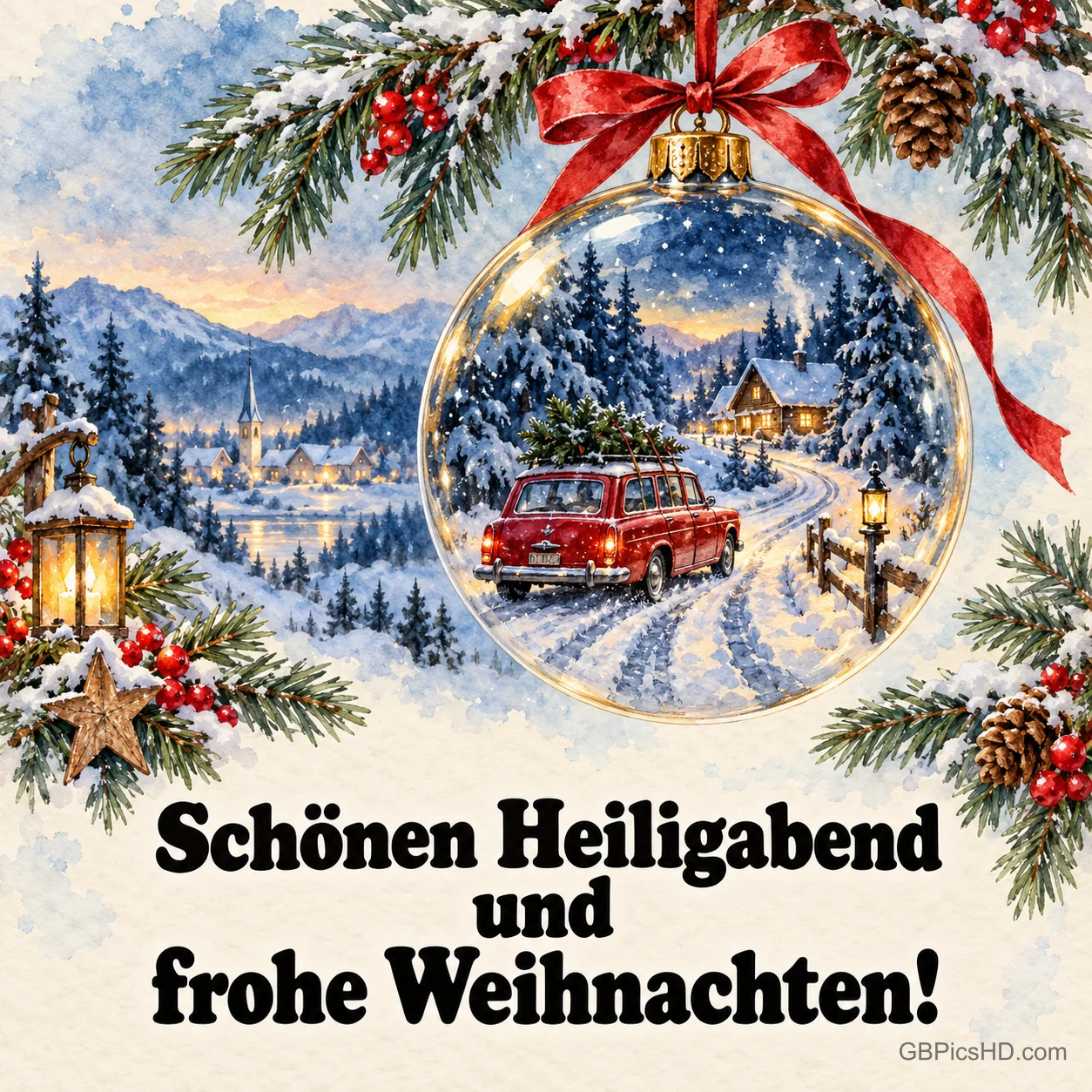 Aquarell einer verschneiten Winterlandschaft mit Dorf und Bergen, daneben eine Christbaumkugel, in der ein rotes Auto mit Tannenbaum auf dem Dach fährt Aquarell einer verschneiten Winterlandschaft mit Dorf und Bergen, daneben eine Christbaumkugel, in der ein rotes Auto mit Tannenbaum auf dem Dach fährt
