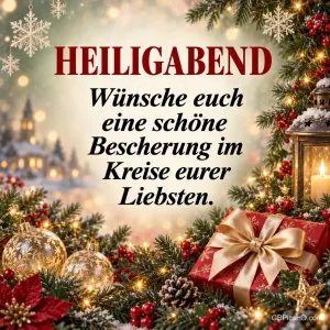 Weihnachtliche Szene mit goldenen Kugeln, rotem Geschenk mit Schleife, Weihnachtsstern und Laterne, dazu Wünsche für die Bescherung im Familienkreis