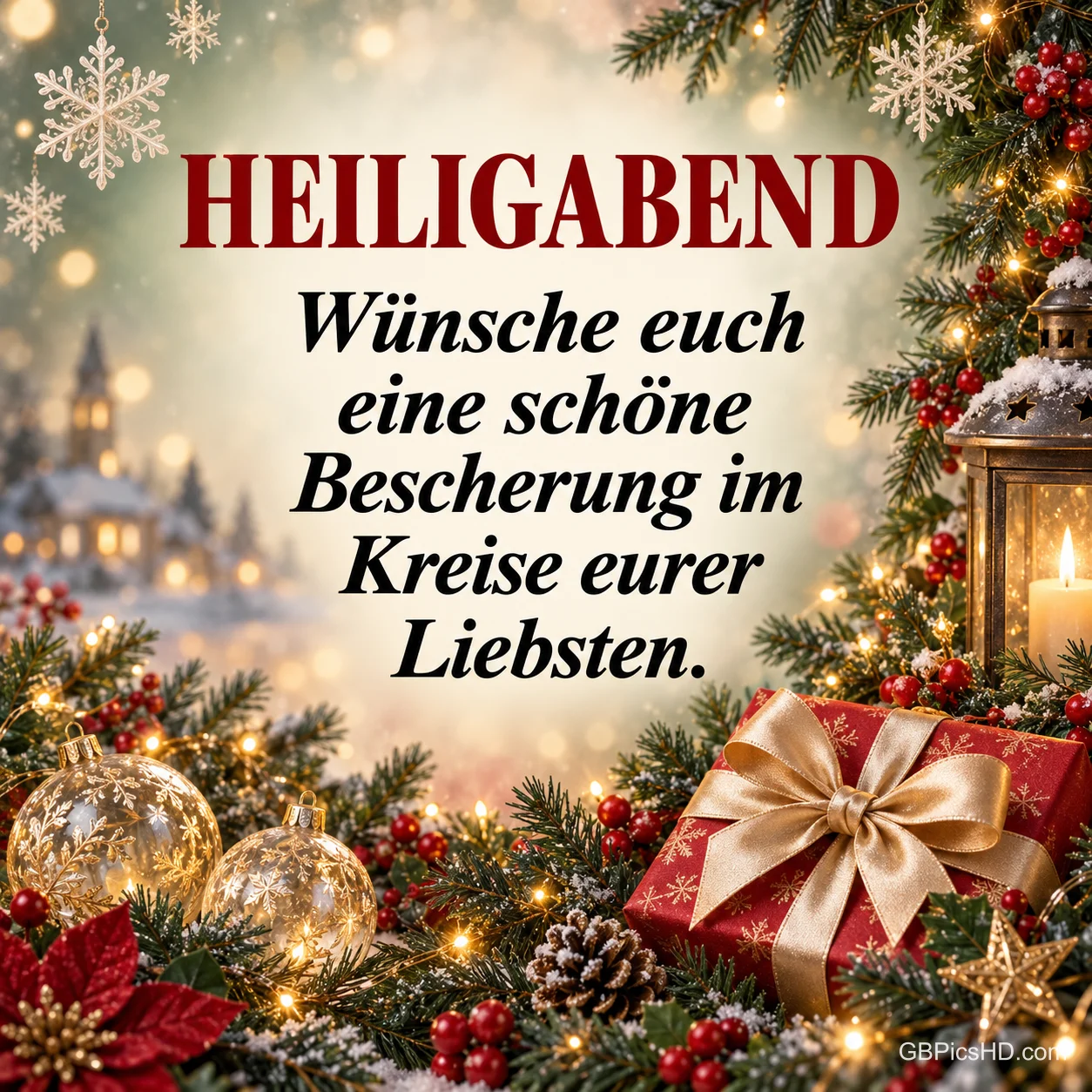 Weihnachtliche Szene mit goldenen Kugeln, rotem Geschenk mit Schleife, Weihnachtsstern und Laterne, dazu Wünsche für die Bescherung im Familienkreis Weihnachtliche Szene mit goldenen Kugeln, rotem Geschenk mit Schleife, Weihnachtsstern und Laterne, dazu Wünsche für die Bescherung im Familienkreis