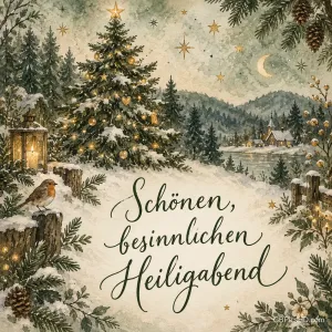 Verschneite Waldlandschaft im Aquarellstil mit geschmückter Tanne, Sternen, Mondsichel, Laterne und Rotkehlchen, darunter ein geschwungener Schriftzug zum Heiligabend