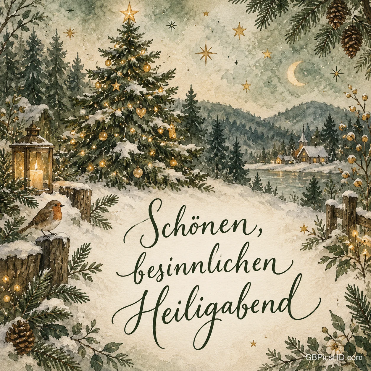 Verschneite Waldlandschaft im Aquarellstil mit geschmückter Tanne, Sternen, Mondsichel, Laterne und Rotkehlchen, darunter ein geschwungener Schriftzug zum Heiligabend Verschneite Waldlandschaft im Aquarellstil mit geschmückter Tanne, Sternen, Mondsichel, Laterne und Rotkehlchen, darunter ein geschwungener Schriftzug zum Heiligabend