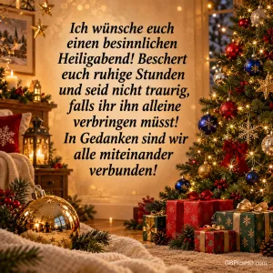 Warmes Wohnzimmer mit Kamin, geschmücktem Baum und Geschenken, daneben ein tröstender Gruß zum Heiligabend für alle, die den Abend allein verbringen