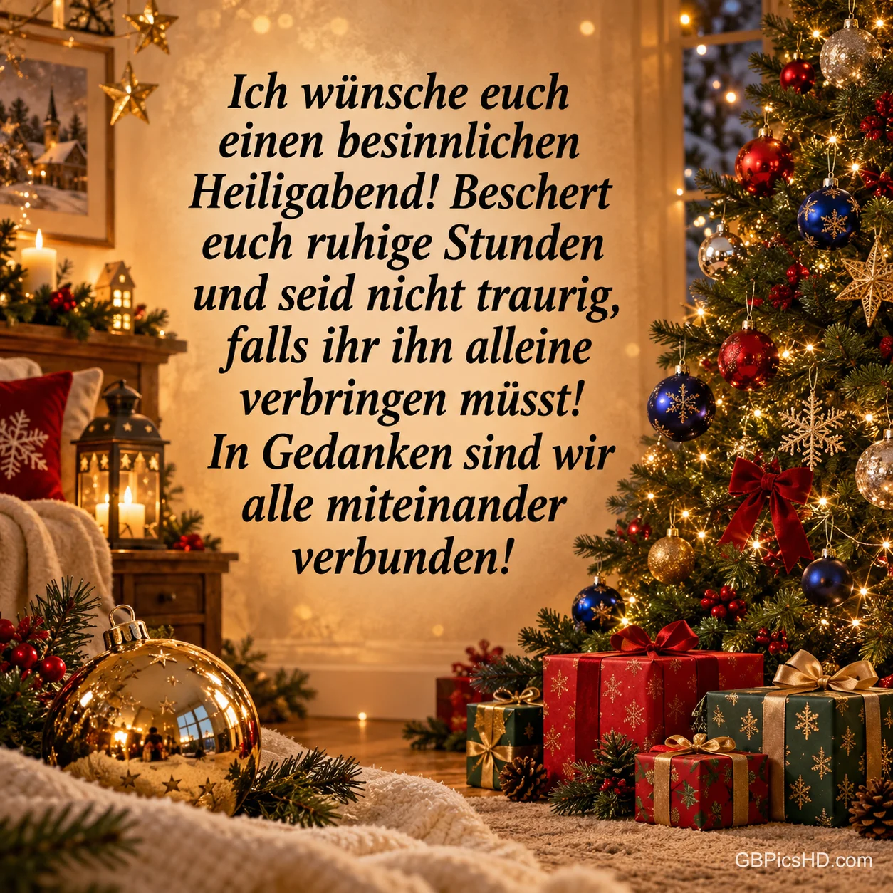 Warmes Wohnzimmer mit Kamin, geschmücktem Baum und Geschenken, daneben ein tröstender Gruß zum Heiligabend für alle, die den Abend allein verbringen Warmes Wohnzimmer mit Kamin, geschmücktem Baum und Geschenken, daneben ein tröstender Gruß zum Heiligabend für alle, die den Abend allein verbringen