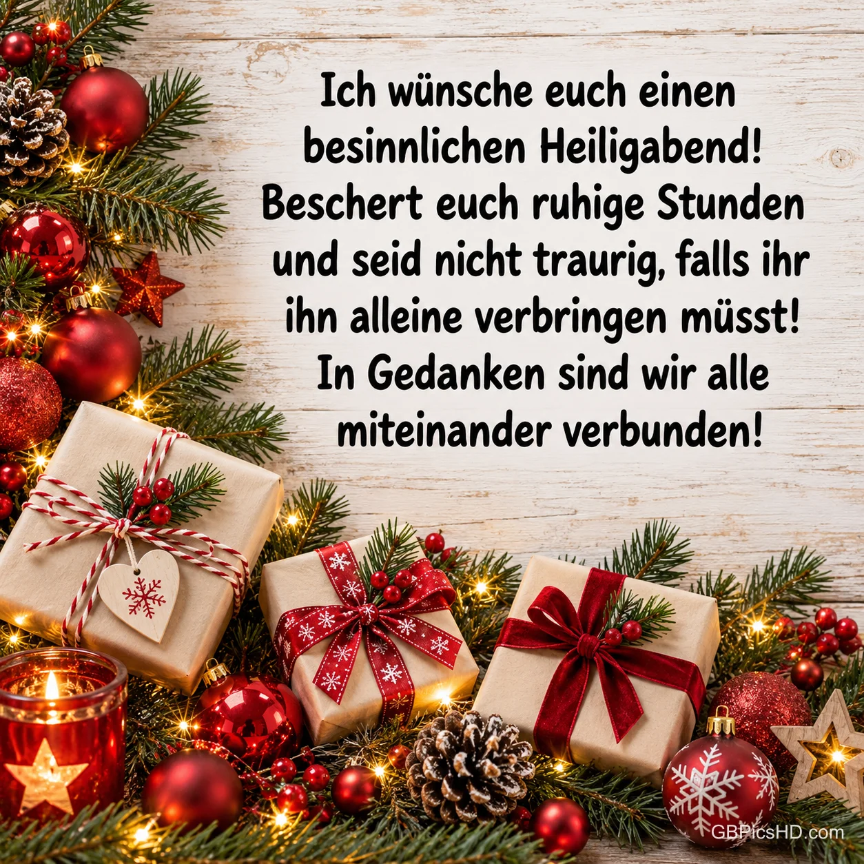 Verpackte Geschenke mit roten Schleifen, Tannenzweige, rote Kugeln, Tannenzapfen und Kerzenlicht auf hellem Holz, dazu ein tröstender Heiligabend-Spruch über Verbundenheit Verpackte Geschenke mit roten Schleifen, Tannenzweige, rote Kugeln, Tannenzapfen und Kerzenlicht auf hellem Holz, dazu ein tröstender Heiligabend-Spruch über Verbundenheit