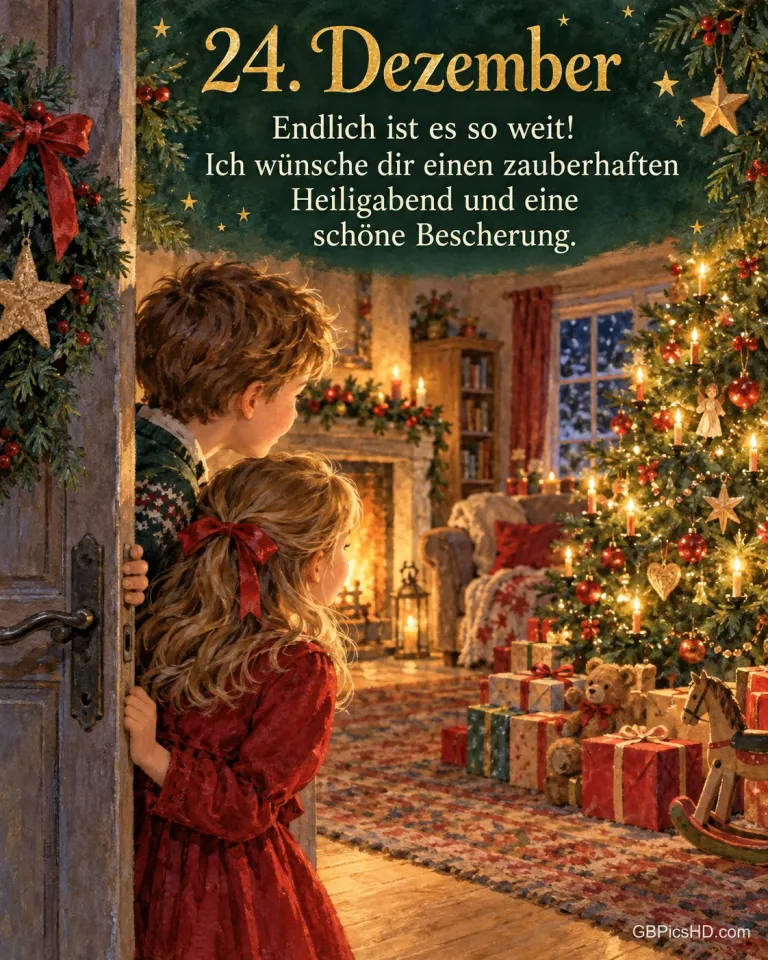 Zwei Kinder schauen durch eine halb geöffnete Tür ins Wohnzimmer mit Weihnachtsbaum und Geschenken, dazu "24. Dezember".