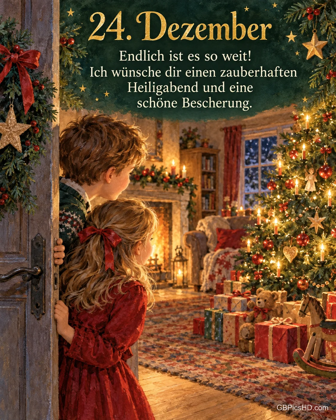 Zwei Kinder schauen durch eine halb geöffnete Tür ins Wohnzimmer mit Weihnachtsbaum und Geschenken, dazu "24. Dezember". Zwei Kinder schauen durch eine halb geöffnete Tür ins Wohnzimmer mit Weihnachtsbaum und Geschenken, dazu "24. Dezember".