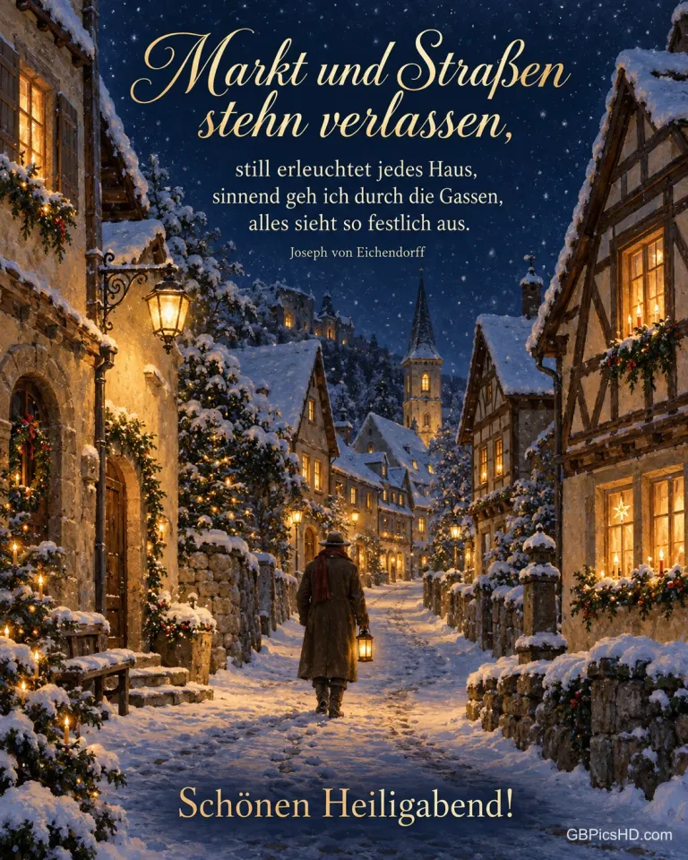 Eine Person mit Laterne geht am Heiligabend durch eine verschneite, festlich beleuchtete Altstadtgasse, dazu "Markt und Straßen stehn verlassen".
