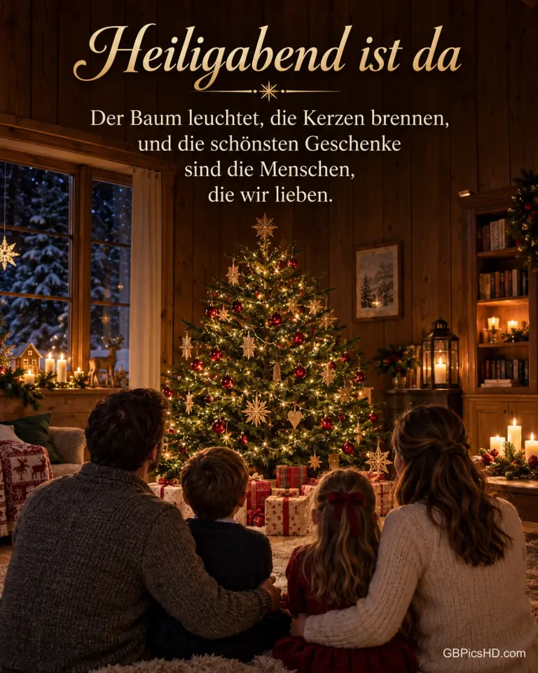 Eine Familie bewundert von hinten den geschmückten Weihnachtsbaum mit Strohsternen und Geschenken, dazu "Heiligabend ist da".