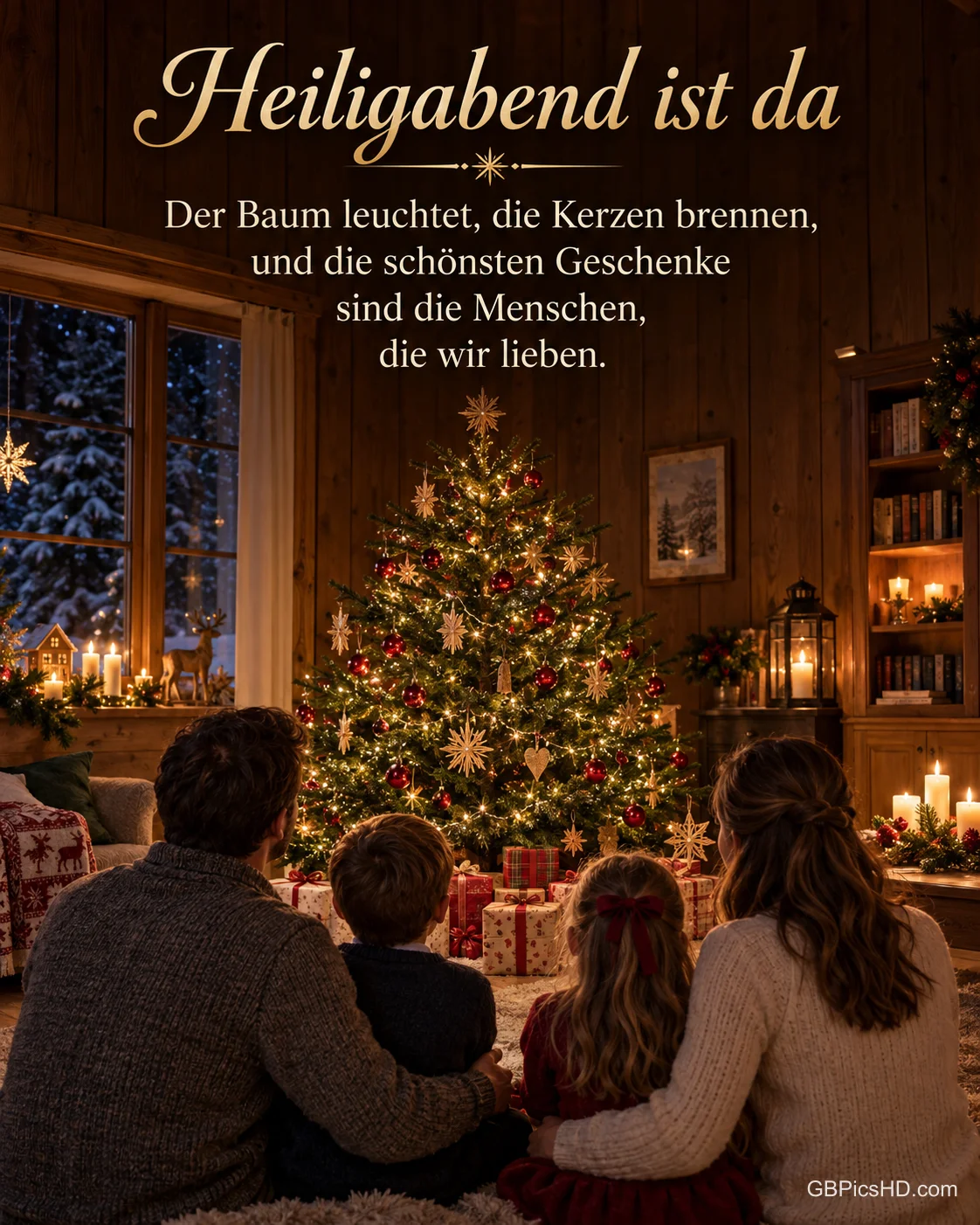 Eine Familie bewundert von hinten den geschmückten Weihnachtsbaum mit Strohsternen und Geschenken, dazu "Heiligabend ist da".