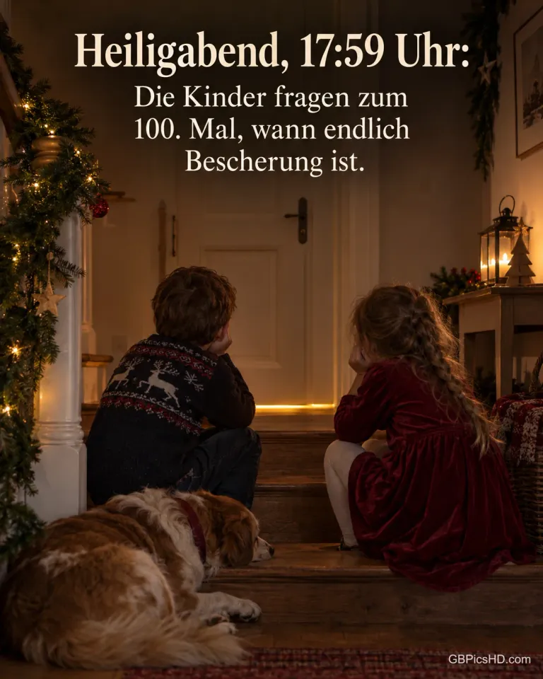 Zwei Kinder in Festkleidung sitzen ungeduldig auf der Treppe vor der geschlossenen Wohnzimmertür, darunter scheint warmes Licht, ein Hund liegt daneben, dazu „Heiligabend, 17:59 Uhr“.