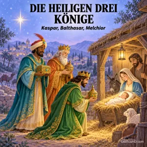 Die Heiligen Drei Könige Kaspar, Balthasar und Melchior knien in prächtigen Gewändern mit goldenen Gaben vor dem Jesuskind in der Krippe, Maria und Josef im warmen Laternenlicht