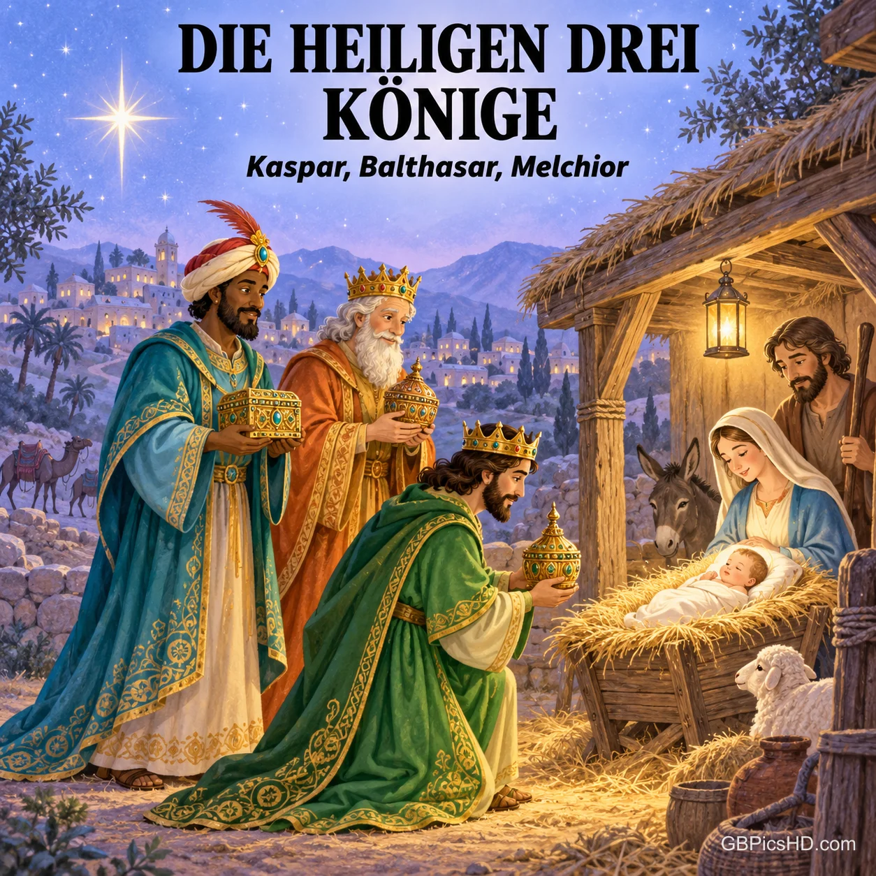 Die Heiligen Drei Könige Kaspar, Balthasar und Melchior knien in prächtigen Gewändern mit goldenen Gaben vor dem Jesuskind in der Krippe, Maria und Josef im warmen Laternenlicht Die Heiligen Drei Könige Kaspar, Balthasar und Melchior knien in prächtigen Gewändern mit goldenen Gaben vor dem Jesuskind in der Krippe, Maria und Josef im warmen Laternenlicht