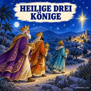 Drei Könige mit Kronen und goldenen Gaben wandern unter einem strahlenden Stern durch eine blaue Nachtlandschaft nach Bethlehem, darüber der Schriftzug "Heilige Drei Könige"