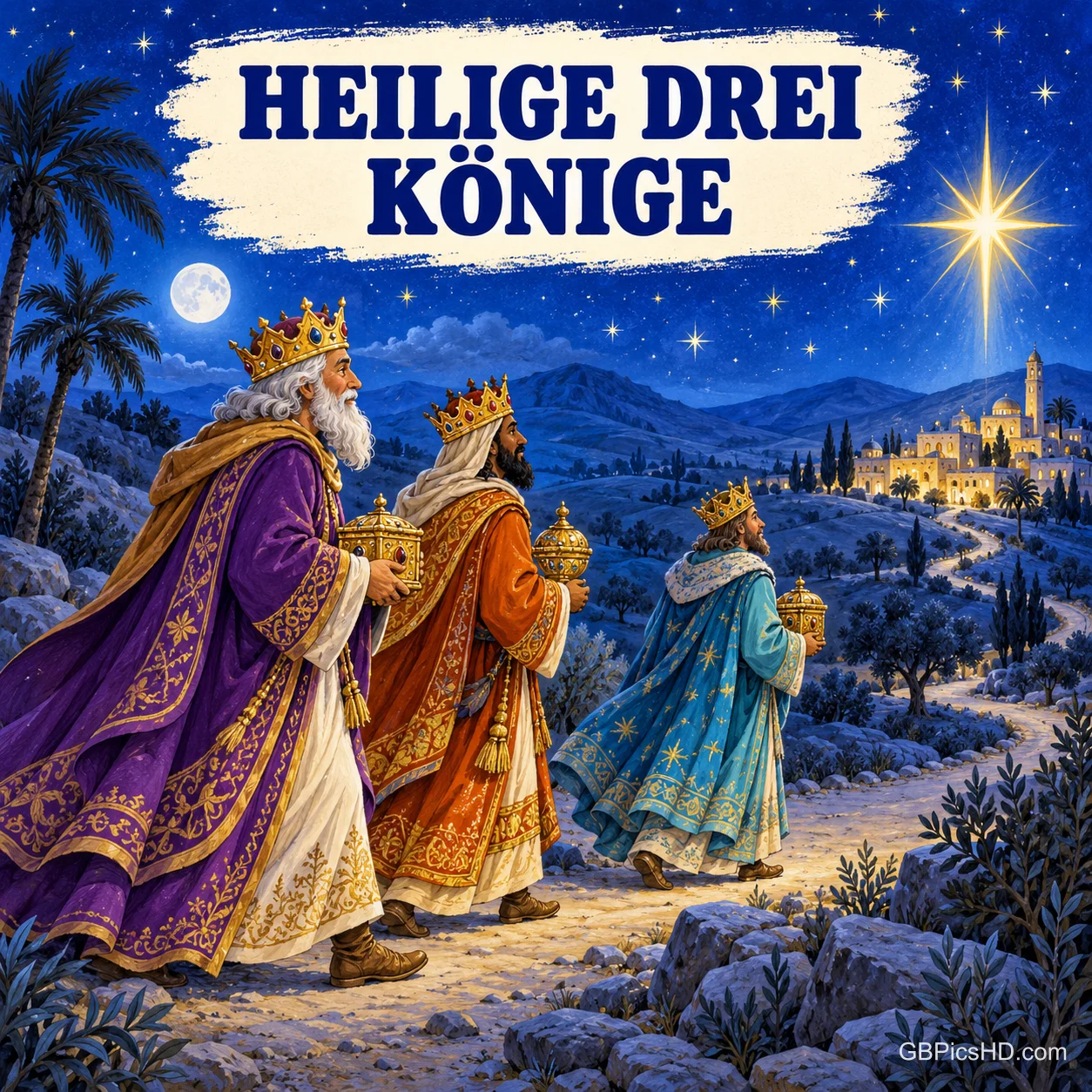 Drei Könige mit Kronen und goldenen Gaben wandern unter einem strahlenden Stern durch eine blaue Nachtlandschaft nach Bethlehem, darüber der Schriftzug "Heilige Drei Könige" Drei Könige mit Kronen und goldenen Gaben wandern unter einem strahlenden Stern durch eine blaue Nachtlandschaft nach Bethlehem, darüber der Schriftzug "Heilige Drei Könige"