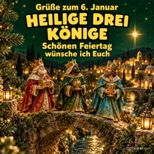 Drei gekrönte Könige mit Geschenken stehen auf einer Steinbrücke vor einer beleuchteten Stadt bei Nacht, darüber gelbe Schrift mit Grüßen zum 6. Januar und Feiertagswünschen
