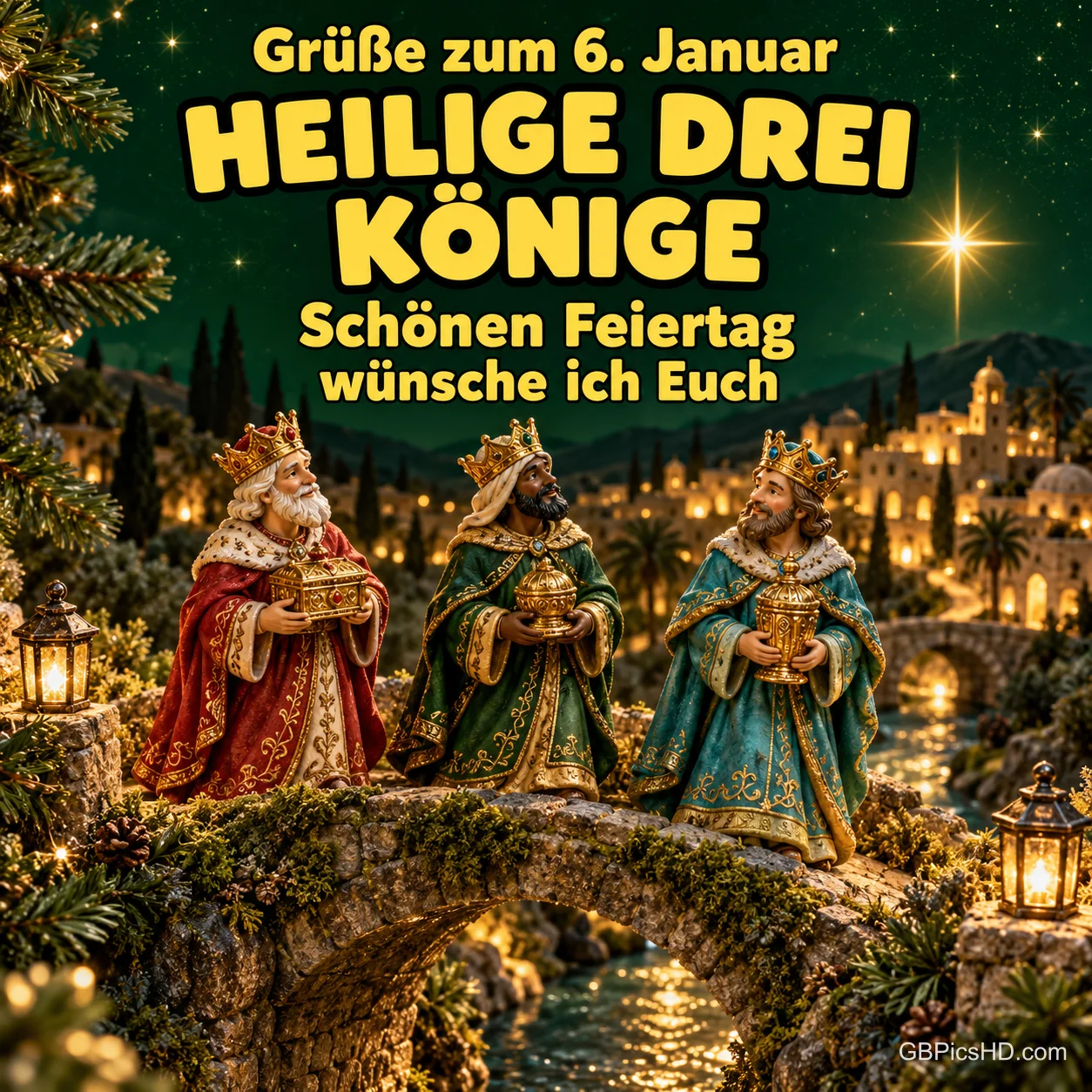 Drei gekrönte Könige mit Geschenken stehen auf einer Steinbrücke vor einer beleuchteten Stadt bei Nacht, darüber gelbe Schrift mit Grüßen zum 6. Januar und Feiertagswünschen Drei gekrönte Könige mit Geschenken stehen auf einer Steinbrücke vor einer beleuchteten Stadt bei Nacht, darüber gelbe Schrift mit Grüßen zum 6. Januar und Feiertagswünschen