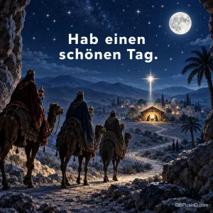 Die drei Weisen reiten auf Kamelen durch eine mondhelle Sternennacht auf den hell leuchtenden Stall von Bethlehem zu, oben der Gruß "Hab einen schönen Tag."