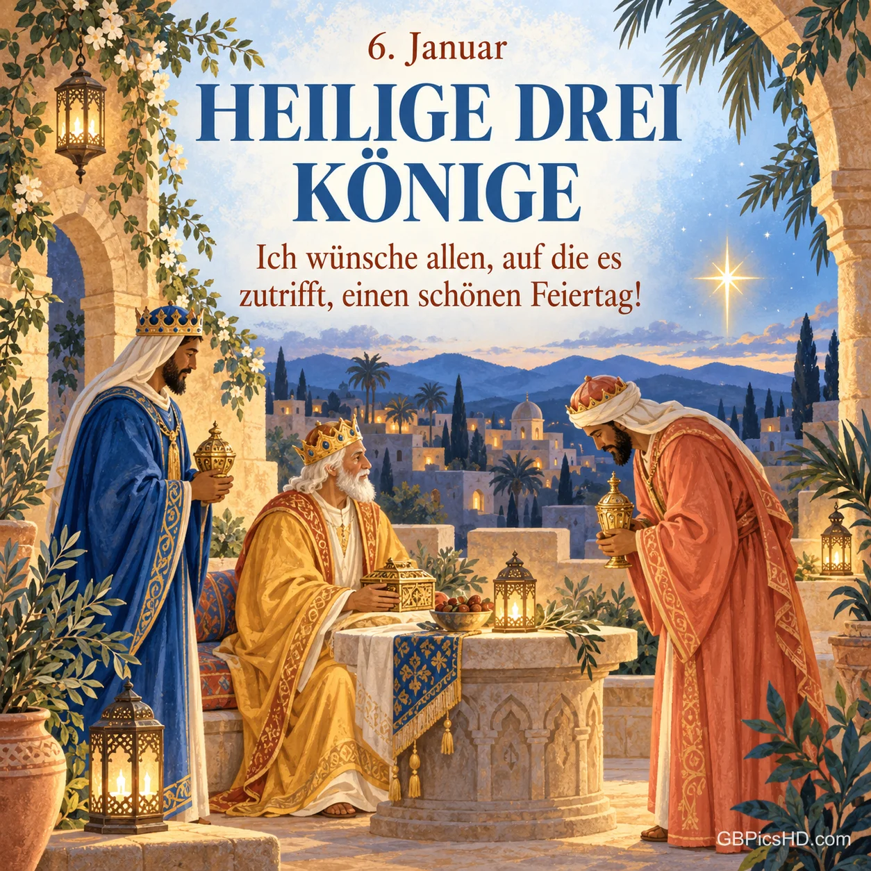 Drei Könige in blauen, goldenen und roten Gewändern begegnen sich mit Gaben auf einer orientalischen Terrasse mit Laternen, darüber Feiertagswünsche zum 6. Januar Drei Könige in blauen, goldenen und roten Gewändern begegnen sich mit Gaben auf einer orientalischen Terrasse mit Laternen, darüber Feiertagswünsche zum 6. Januar