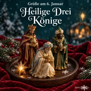 Geschnitzte Krippenfiguren der Heiligen Drei Könige mit goldenen Gefäßen auf einem Holzteller, umgeben von rotem Samt, Tannenzweigen und einem goldenen Stern