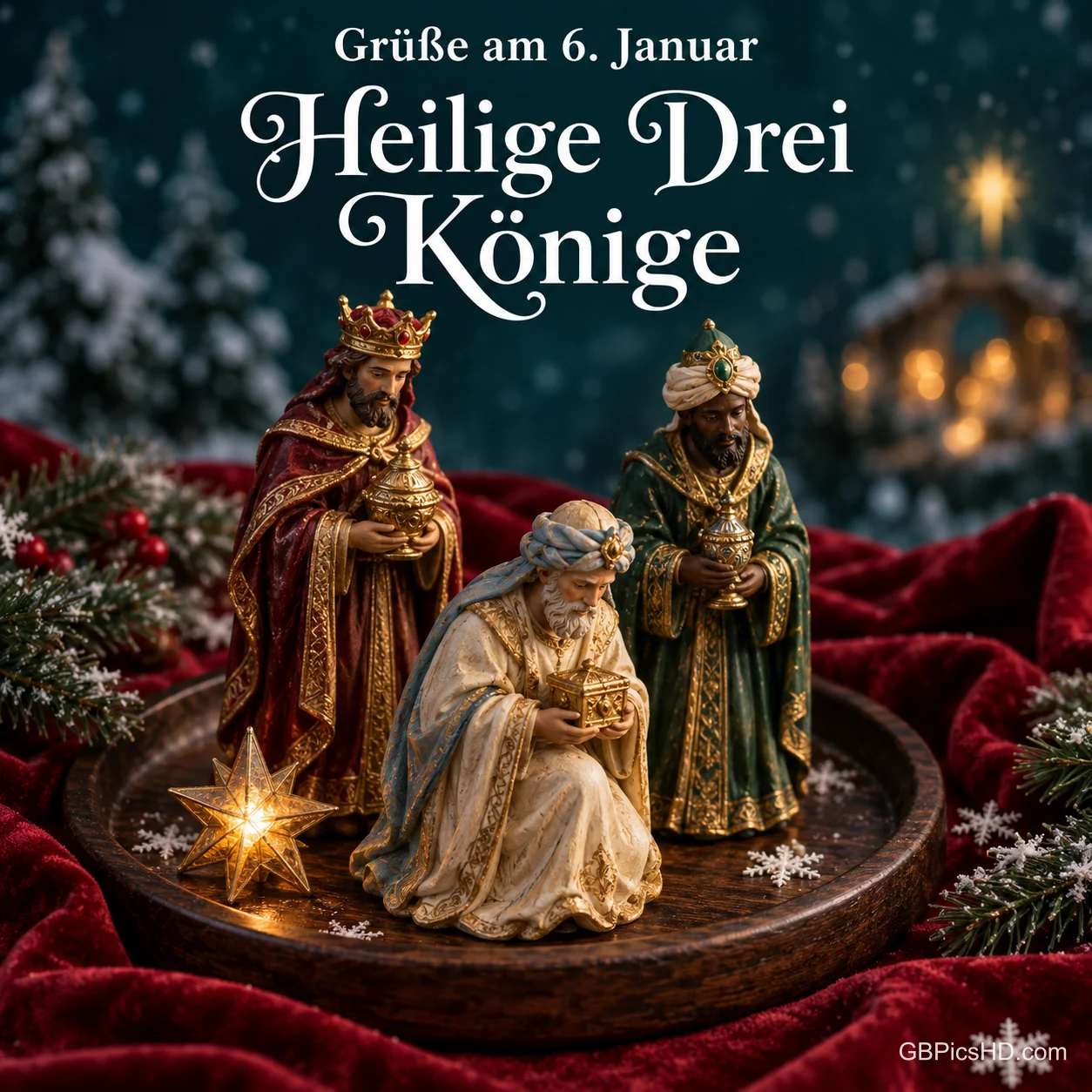Geschnitzte Krippenfiguren der Heiligen Drei Könige mit goldenen Gefäßen auf einem Holzteller, umgeben von rotem Samt, Tannenzweigen und einem goldenen Stern Geschnitzte Krippenfiguren der Heiligen Drei Könige mit goldenen Gefäßen auf einem Holzteller, umgeben von rotem Samt, Tannenzweigen und einem goldenen Stern