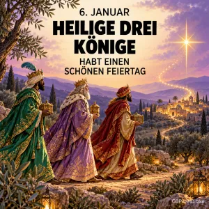 Drei Könige in grünen, violetten und roten Mänteln ziehen mit Geschenken einem funkelnden Stern entgegen, im Tal liegt eine Stadt im Abendlicht