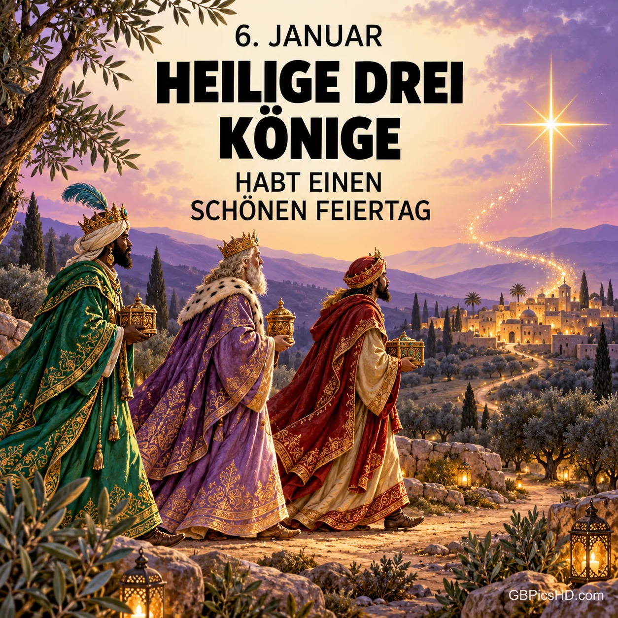 Drei Könige in grünen, violetten und roten Mänteln ziehen mit Geschenken einem funkelnden Stern entgegen, im Tal liegt eine Stadt im Abendlicht Drei Könige in grünen, violetten und roten Mänteln ziehen mit Geschenken einem funkelnden Stern entgegen, im Tal liegt eine Stadt im Abendlicht