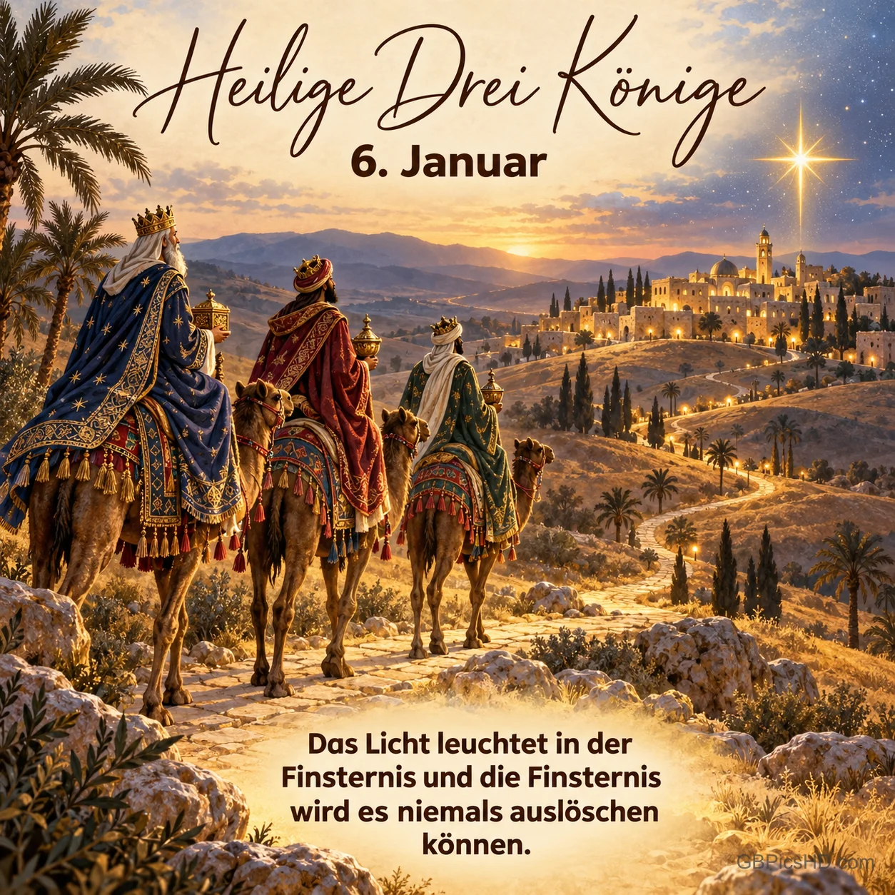 Die Heiligen Drei Könige reiten auf Kamelen mit Geschenken über einen Steinweg zu einer leuchtenden Stadt, darüber der Stern, Schriftzug "Heilige Drei Könige, 6. Januar" Die Heiligen Drei Könige reiten auf Kamelen mit Geschenken über einen Steinweg zu einer leuchtenden Stadt, darüber der Stern, Schriftzug "Heilige Drei Könige, 6. Januar"