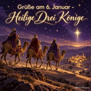 Drei Könige auf Kamelen ziehen nachts über eine Anhöhe zu einer beleuchteten Stadt, am violetten Sternenhimmel leuchtet der Stern, Text "Grüße am 6. Januar – Heilige Drei Könige"