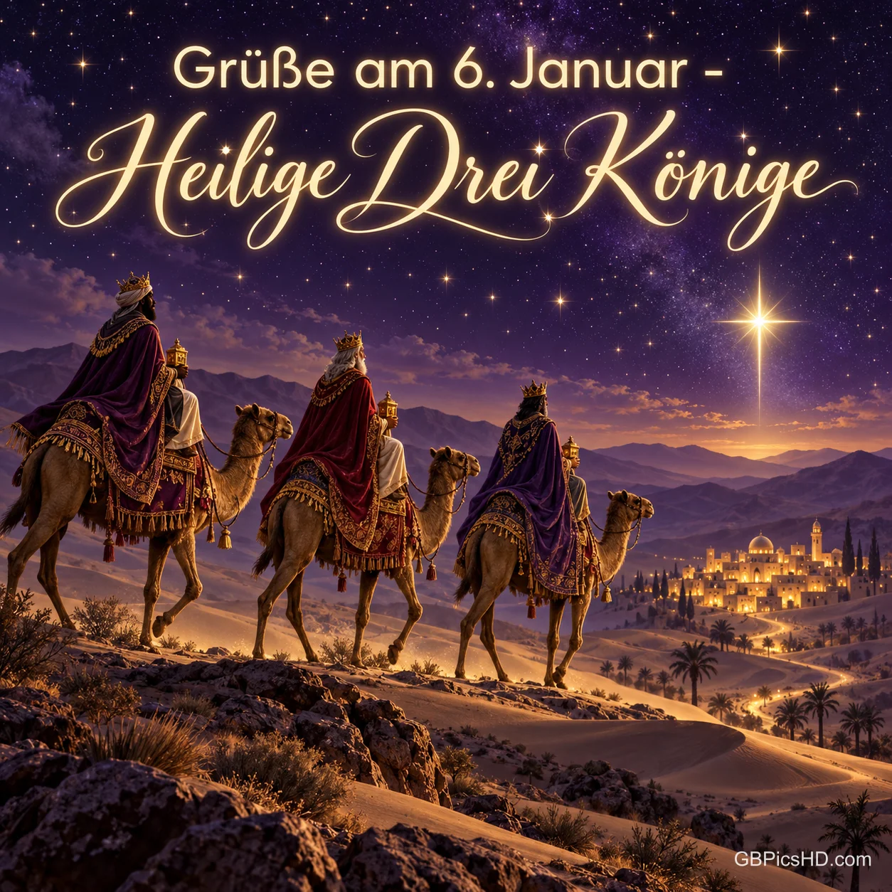 Drei Könige auf Kamelen ziehen nachts über eine Anhöhe zu einer beleuchteten Stadt, am violetten Sternenhimmel leuchtet der Stern, Text "Grüße am 6. Januar – Heilige Drei Könige" Drei Könige auf Kamelen ziehen nachts über eine Anhöhe zu einer beleuchteten Stadt, am violetten Sternenhimmel leuchtet der Stern, Text "Grüße am 6. Januar – Heilige Drei Könige"