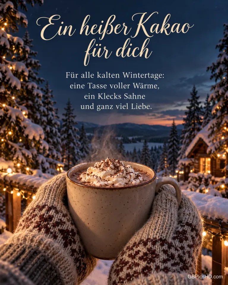 Zwei Hände in Strickhandschuhen halten einen dampfenden Becher Kakao mit Sahne vor verschneiten Bäumen mit Lichterketten, dazu "Ein heißer Kakao für dich".