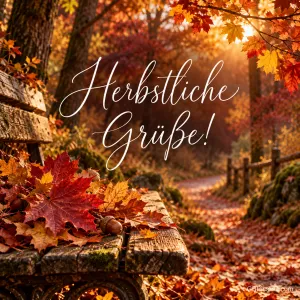 Eine alte Holzbank mit roten Ahornblättern und Eicheln steht an einem Waldweg voller Laub im warmen Gegenlicht, daneben der geschwungene Schriftzug "Herbstliche Grüße!"