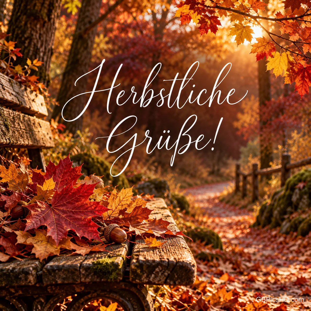 Eine alte Holzbank mit roten Ahornblättern und Eicheln steht an einem Waldweg voller Laub im warmen Gegenlicht, daneben der geschwungene Schriftzug "Herbstliche Grüße!" Eine alte Holzbank mit roten Ahornblättern und Eicheln steht an einem Waldweg voller Laub im warmen Gegenlicht, daneben der geschwungene Schriftzug "Herbstliche Grüße!"