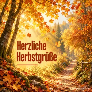 Ein sonniger Waldweg zwischen goldgelben Ahornbäumen mit herabfallenden Blättern und Lichtstrahlen, links der Schriftzug "Herzliche Herbstgrüße" in rotbrauner Schrift