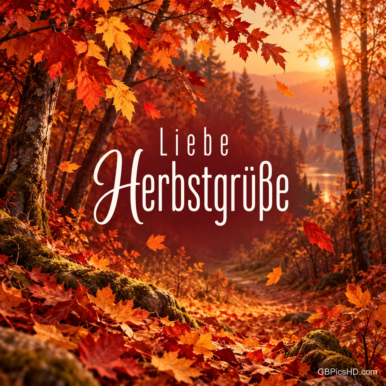 Ein Waldweg unter leuchtend roten und orangen Bäumen führt zu einem See im Abendlicht, in der Mitte der weiße Schriftzug "Liebe Herbstgrüße" Ein Waldweg unter leuchtend roten und orangen Bäumen führt zu einem See im Abendlicht, in der Mitte der weiße Schriftzug "Liebe Herbstgrüße"