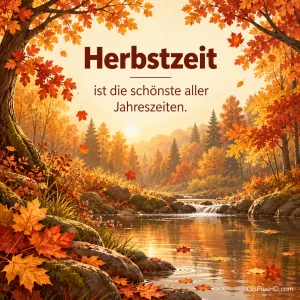 Ein Bach fließt durch einen bunten Herbstwald mit kleinem Wasserfall und sonnigem Dunst, oben der Spruch "Herbstzeit ist die schönste aller Jahreszeiten."