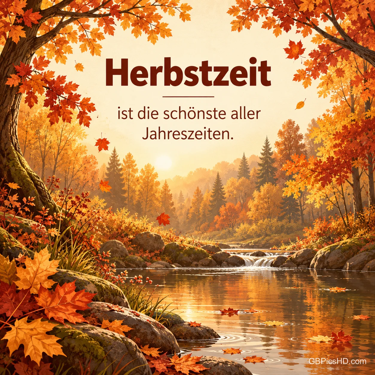 Ein Bach fließt durch einen bunten Herbstwald mit kleinem Wasserfall und sonnigem Dunst, oben der Spruch "Herbstzeit ist die schönste aller Jahreszeiten." Ein Bach fließt durch einen bunten Herbstwald mit kleinem Wasserfall und sonnigem Dunst, oben der Spruch "Herbstzeit ist die schönste aller Jahreszeiten."