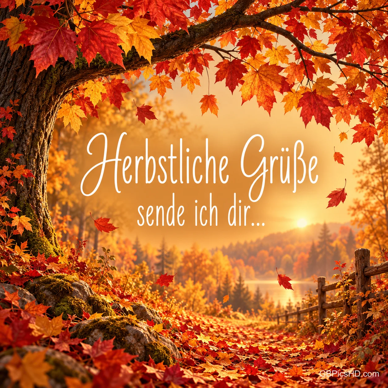 Ein großer Baum mit rotem Laub rahmt einen Waldweg mit Holzzaun und einen See im Gegenlicht, in der Mitte "Herbstliche Grüße sende ich dir..." Ein großer Baum mit rotem Laub rahmt einen Waldweg mit Holzzaun und einen See im Gegenlicht, in der Mitte "Herbstliche Grüße sende ich dir..."