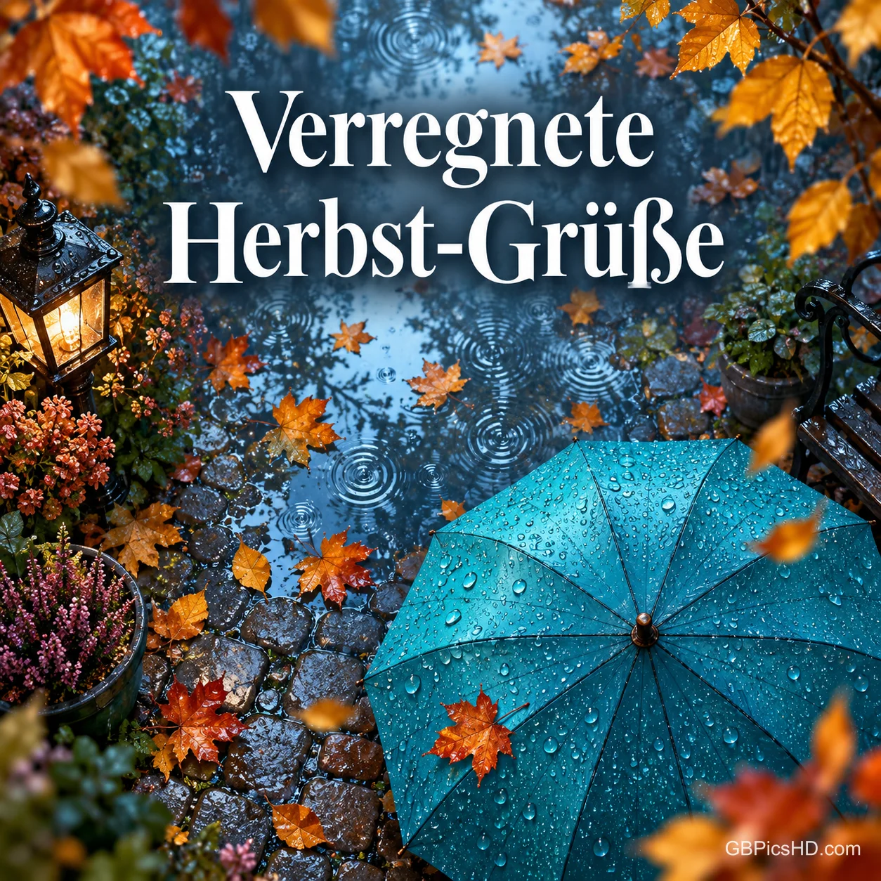 Ein türkisfarbener Regenschirm mit Regentropfen liegt auf nassem Kopfsteinpflaster zwischen bunten Blättern, Heidekraut und einer Laterne, oben "Verregnete Herbst-Grüße" Ein türkisfarbener Regenschirm mit Regentropfen liegt auf nassem Kopfsteinpflaster zwischen bunten Blättern, Heidekraut und einer Laterne, oben "Verregnete Herbst-Grüße"