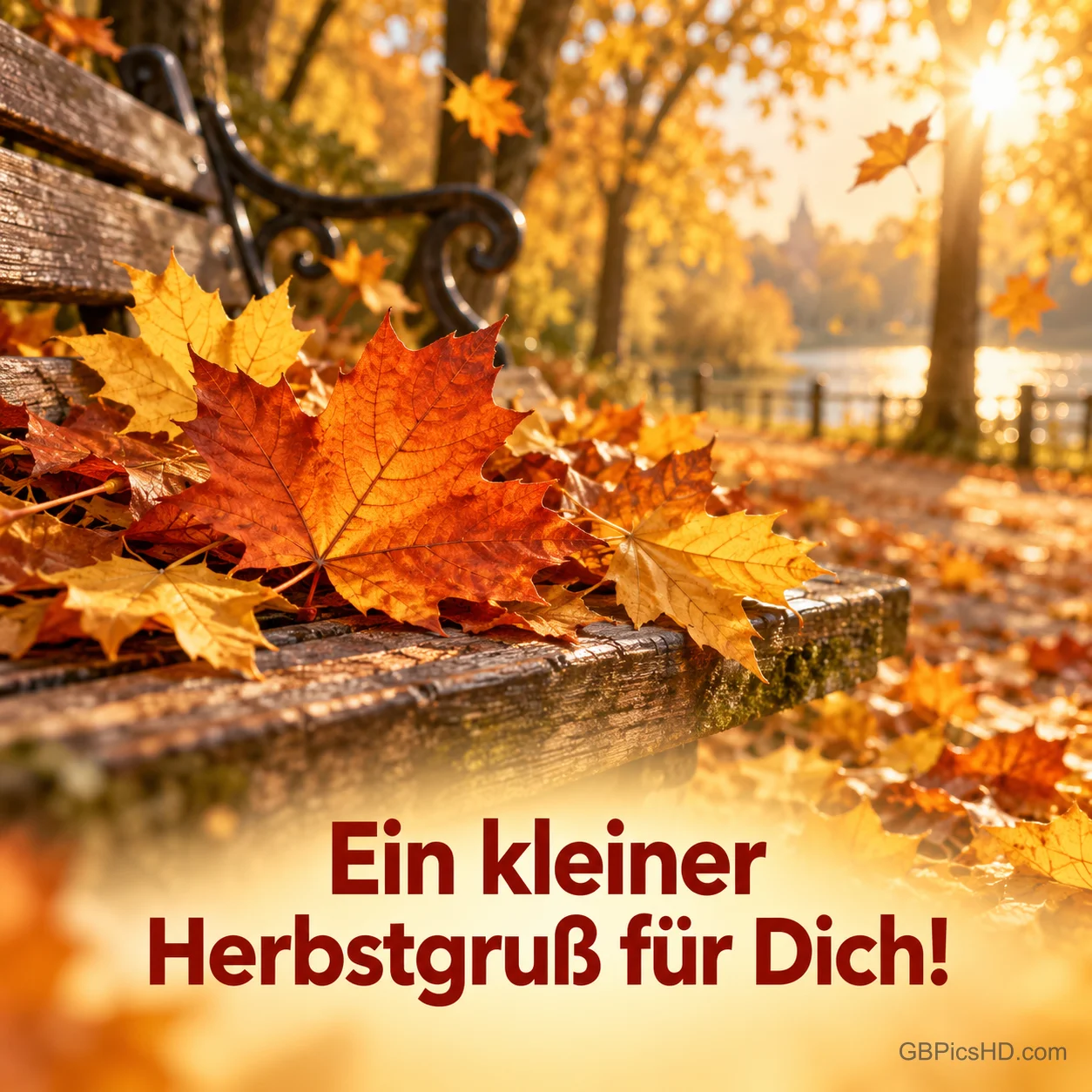 Ahornblätter in Rot und Orange liegen auf einer Parkbank vor einem sonnigen See mit Bäumen, unten der Spruch "Ein kleiner Herbstgruß für Dich!" Ahornblätter in Rot und Orange liegen auf einer Parkbank vor einem sonnigen See mit Bäumen, unten der Spruch "Ein kleiner Herbstgruß für Dich!"
