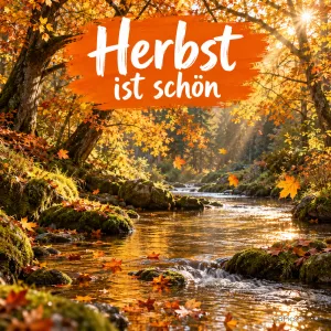 Ein klarer Bach fließt zwischen moosigen Steinen durch einen goldenen Herbstwald mit Sonnenstrahlen, oben auf orangem Pinselstrich "Herbst ist schön"