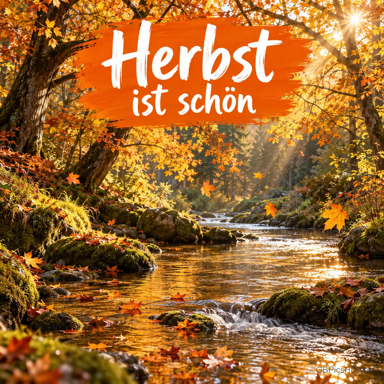 Ein klarer Bach fließt zwischen moosigen Steinen durch einen goldenen Herbstwald mit Sonnenstrahlen, oben auf orangem Pinselstrich "Herbst ist schön" Ein klarer Bach fließt zwischen moosigen Steinen durch einen goldenen Herbstwald mit Sonnenstrahlen, oben auf orangem Pinselstrich "Herbst ist schön"