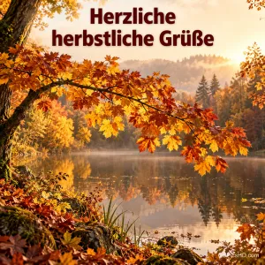 Ein stiller See spiegelt herbstliche Wälder im Morgennebel, im Vordergrund hängen orange Ahornzweige, oben "Herzliche herbstliche Grüße" in dunkelroter Schrift