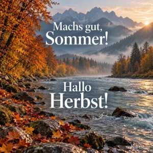 Ein Fluss rauscht durch ein Tal mit herbstlich gefärbten Bäumen vor nebeligen Berggipfeln im Sonnenlicht, dazu "Machs gut, Sommer! Hallo Herbst!"