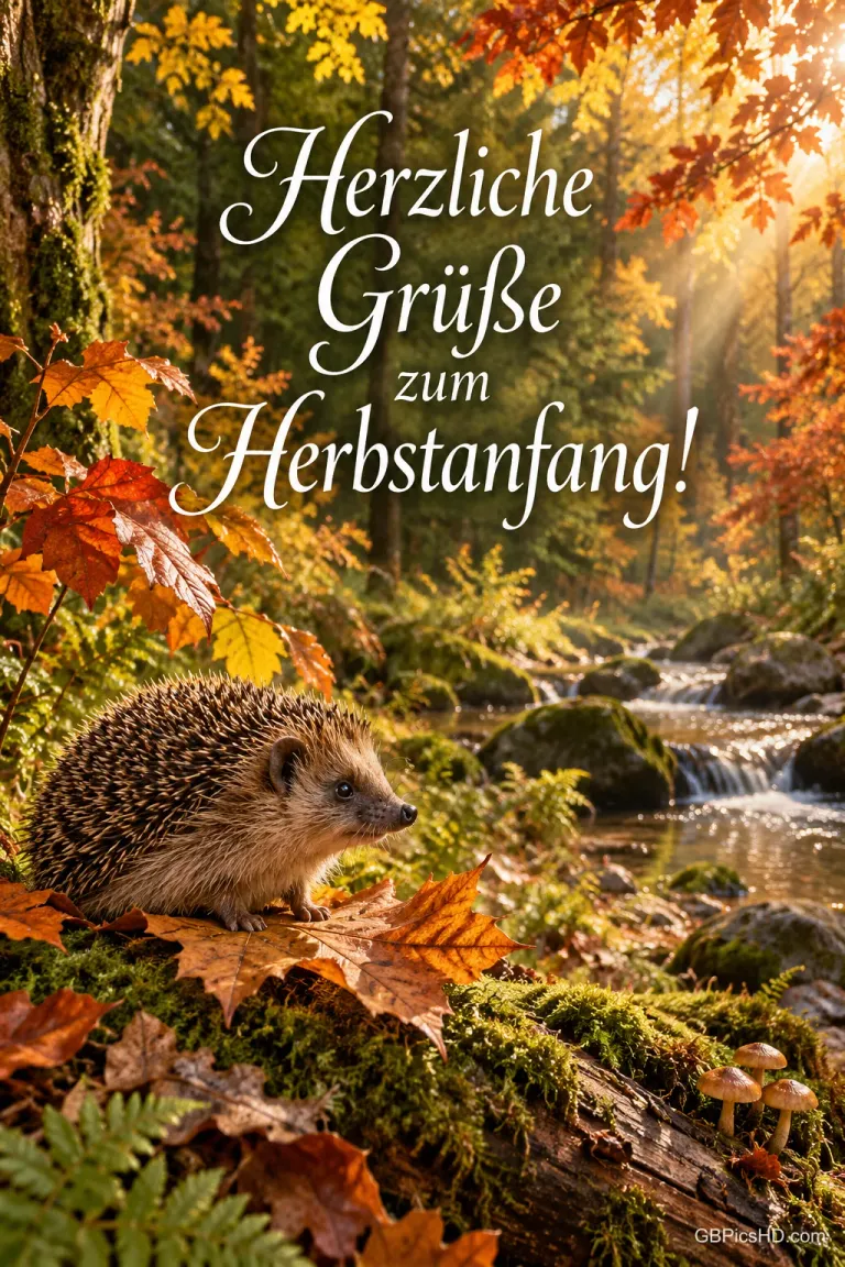 Ein Igel sitzt an einem Waldbach zwischen bunten Herbstblättern, darüber steht "Herzliche Grüße zum Herbstanfang!".