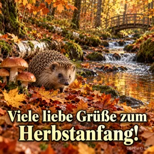 Ein Igel sitzt zwischen Herbstblättern und Pilzen am Bach über "Viele liebe Grüße zum Herbstanfang!".